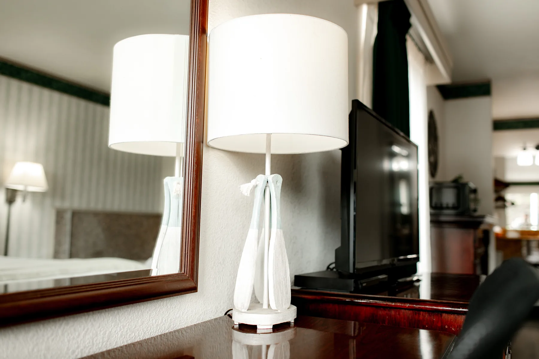 Room desk, mirror, television, and coffee area
