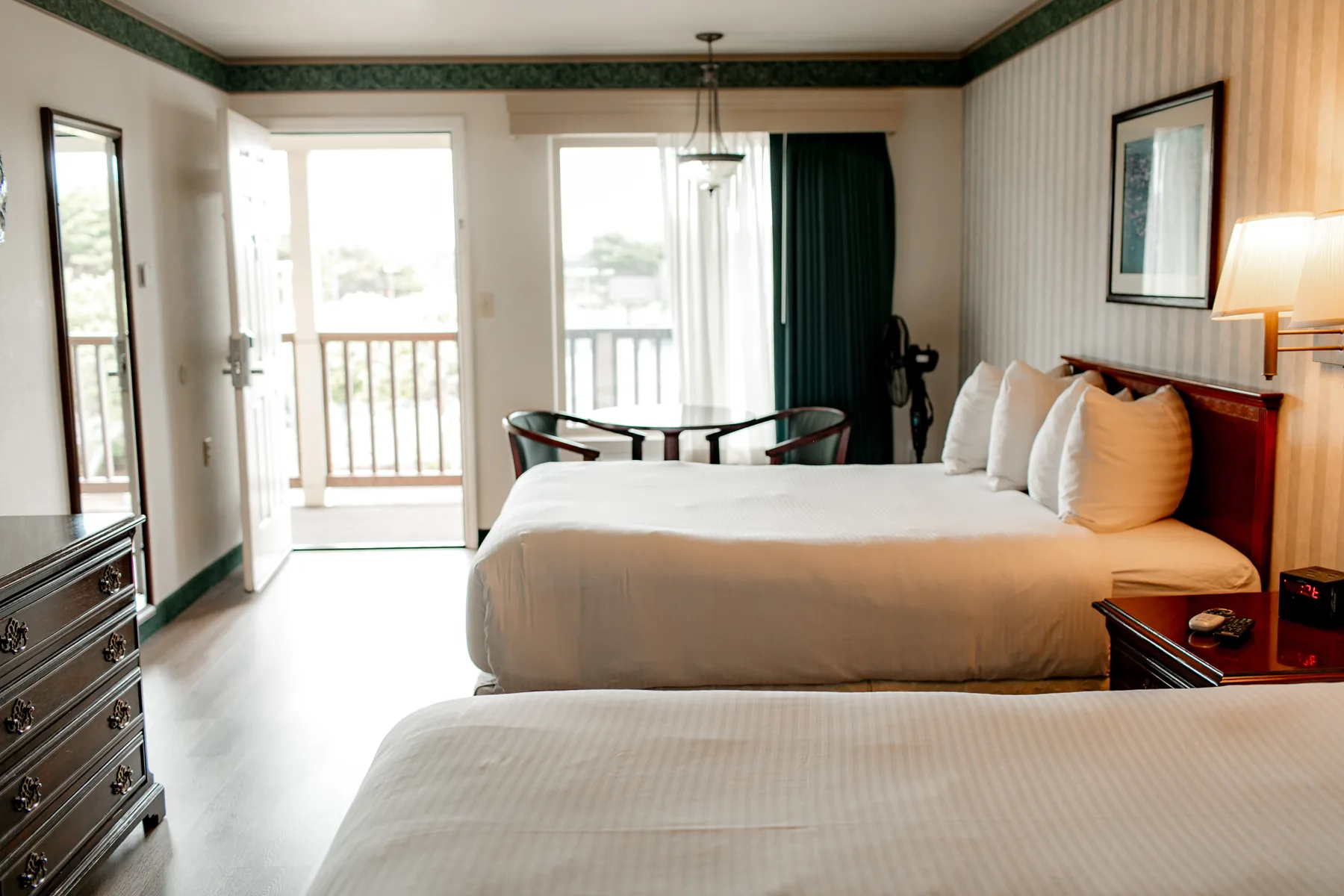 Two queen room facing balcony doors