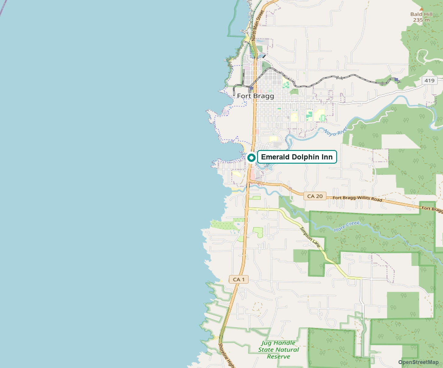 Stylized map of Fort Bragg with Emerald Dolphin and nearby stops marked